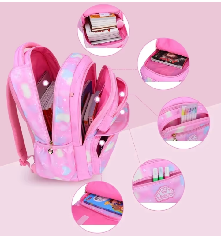 Organizational backpack pink rainbow